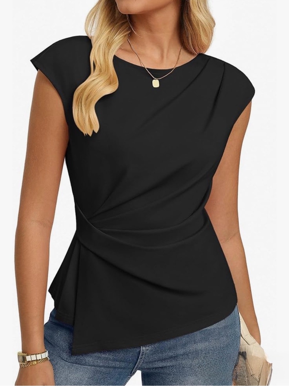 Elegant Black Cap-Sleeve Pleated Waist Blouse